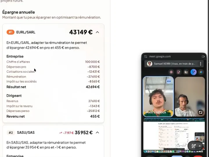 Un retour de livrable en visio : le livrable du coaché à l'écran, le coach et lui en vignette.